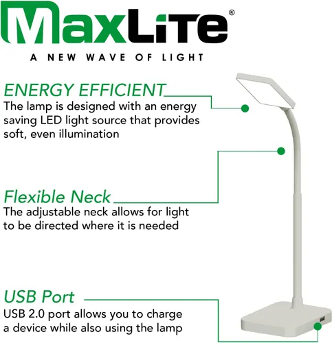 Vista 3 de MaxLite LAMPARA DE Escritorio LED 4W Delgado 3000K, Puerto USB, Acabado Blanco