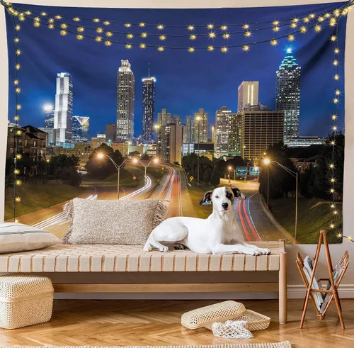 Vista 21 de Ambesonne Tapiz de hongos, atmósfera psicodélica, escena astral estrellada con motivos orientales trippy, decoración de tela para colgar en la pared