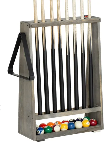 Vista 8 de MyGift Estante de almacenamiento de billar independiente, soporte de madera maciza vintage para taco de piscina, almacenamiento de bolas, gancho
