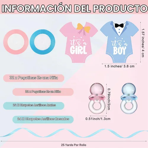 Vista 3 de 162 piezas de revelación de género para baby shower, 48 mini botellas de leche de plástico para bebé, 48 mini chupetes de plástico, 64 calcomanías