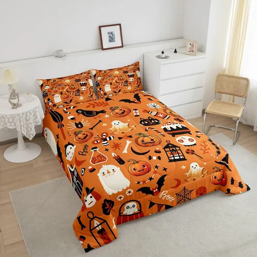 Vista 3 de Erosebridal Ropa de cama de Halloween para niños y niñas, juego de edredón espeluznante de dibujos animados, tamaño individual, relleno de edredón