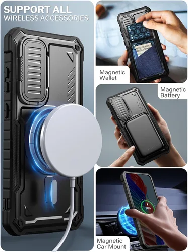 Vista 5 de ExoGuard Funda para Samsung Galaxy S24 con protector de pantalla, funda protectora de goma de cuerpo completo con cubierta de cámara y función atril