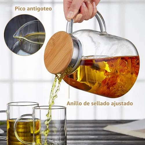 Vista 3 de Tetera grande de vidrio con infusor, apta para estufa, vidrio de borosilicato grueso resistente al calor, 68 onzas líquidas, hervidor de té