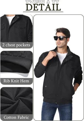 Vista 6 de MAGNIVIT Chaqueta cortavientos militar ligera para hombre con cuello parado, cierre frontal, 7 bolsillos - Algodón Negro