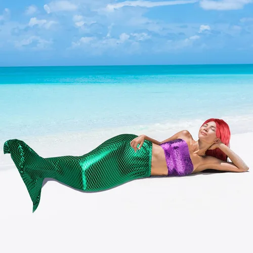 Vista 4 de Cindeer Disfraz de sirena de 3 piezas para mujer, incluye blusa corta de sirena con lentejuelas, parte superior metálica sin tirantes, falda