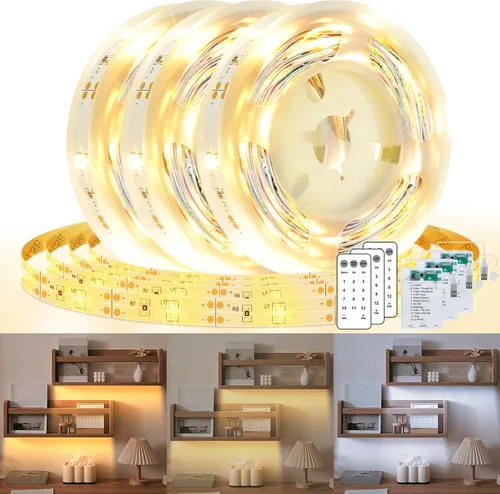 Vista 10 de Paquete de 3 Tiras de Luces LED de 6.6 Pies Alimentadas por Batería, Tira de Luz LED Blanca Cálida y Blanca Fría Alimentada por Batería, Luz