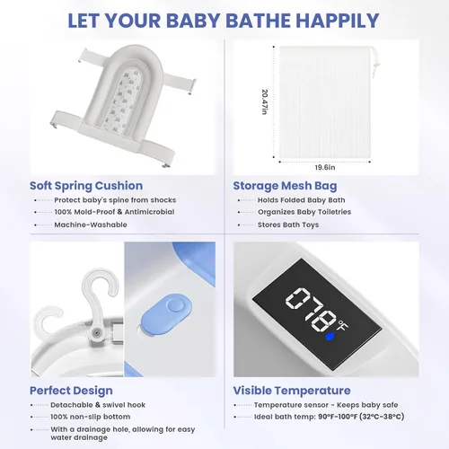 Vista 7 de Bañera plegable para bebés, bañeras para bebés recién nacidos con cojín suave y termómetro y bolsa de malla organizadora de juguetes, bañera