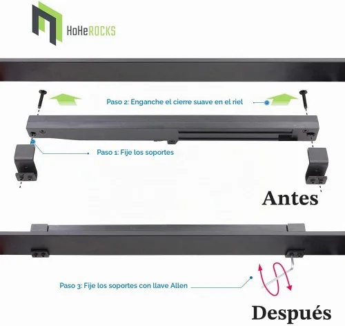 Vista 5 de Kit de herrajes para puerta de granero de cierre suave, mecanismo de cierre suave, amortiguador de resorte, versión sin agujeros, apto para puertas