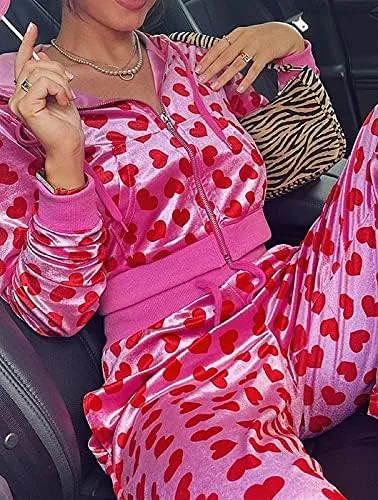 Vista 6 de Sudaderas cortas de terciopelo Y2K con estampado de corazón rosa para mujer, de manga larga, kawaii, lindas prendas de otoño e invierno, Rosado
