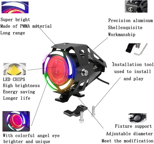 Vista 3 de Luz antiniebla LED súper brillante de 125 W, faro auxiliar de motocicleta con ángel demoníaco ojos coloridos lámpara de punto de trabajo