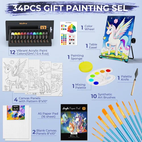 Vista 2 de Nicpro Juego de 34 piezas de pintura para niños con lienzo patrón, kit de suministros de pintura artística con 12 pinturas acrílicas, 10 pinceles, 6