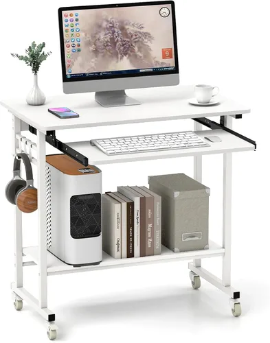 Vista 11 de Tangkula Carro de escritorio rodante para computadora con bandeja para teclado, escritorio portátil móvil para laptop con soporte para CPU y 3