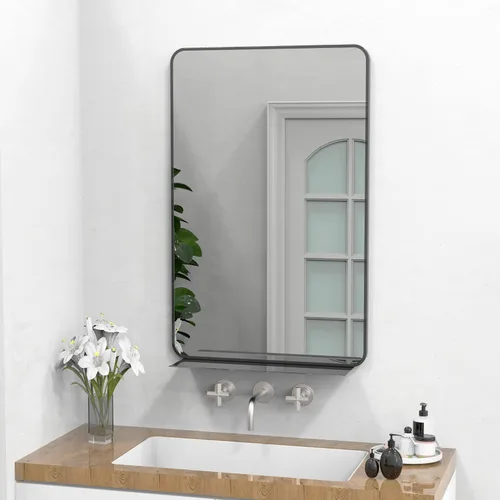 Vista 3 de Espejo de pared con estante para baño, 28 x 18 pulgadas, marco negro, espejos de pared para colgar horizontal o vertical, espejos modernos de pared