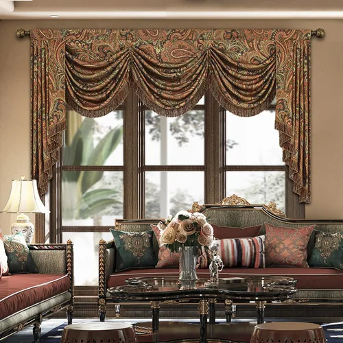 Vista 37 de Loom and Mill Cenefa de cascada de lujo de jacquard para sala de estar, elegantes cenefas de ventana con festones y cuentas damascadas, cortinas