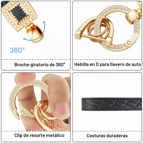 Vista 2 de Llavero de muñeca de cuero OHKYOOT, llavero de muñeca para automóvil con 5 llaveros y anillo anti-pérdida Negro