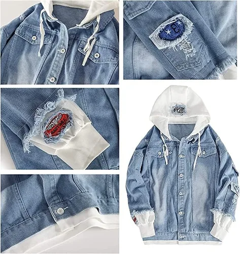 Vista 4 de Pabazabish Moda Genshin Impact Game Character Sudaderas Denim Tela Botón Down Chaqueta con capucha, Azul y blanco