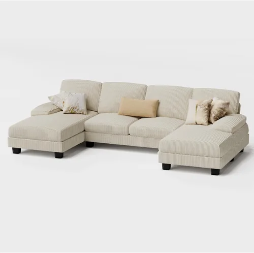 Vista 8 de Furmax - Sofás seccionales para sala de estar, sofá en forma de U con tela de lino, juego de sofá de 4 plazas con doble chaise para apartamento Beige