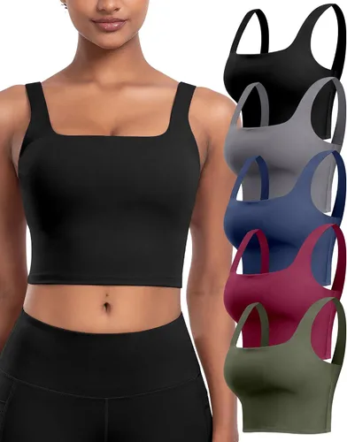 Vista 11 de Sujetadores deportivos para mujer, paquete de 5 unidades, cuello cuadrado, camiseta corta sin mangas acolchada para yoga con almohadillas integradas