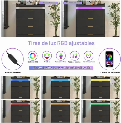 Vista 5 de UNIQUITE Cómoda negra con luces LED y toma de corriente, cómoda alta de madera con 4 cajones para dormitorio, cómoda moderna para dormitorio
