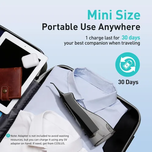 Vista 8 de COSLUS Hilo Dental de Agua: Irrigador Oral Portátil Inalámbrico 300ML Recargable Limpiador de Viaje IPX7 Impermeable Máquina de Hilo Dental