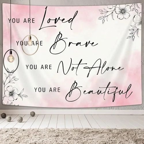 Vista 2 de Ptrxobj Tapiz de amor para dormitorio, adolescente y niña, decoración de pared con frase "You eres", con estampado floral rosa, decoración de sala