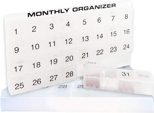 Vista 11 de Organizador de pastillas mensual 31 compartimentos, 1 por día, 4 semanas, organizador de pastillas completo de 31 días Incluye bandeja y 8