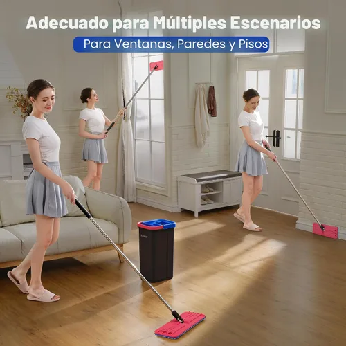 Vista 7 de JOYMOOP Sistema de trapeador plano y cubo de microfibra, trapeadores para limpieza de suelos y limpiador de paredes, madera dura, azulejos