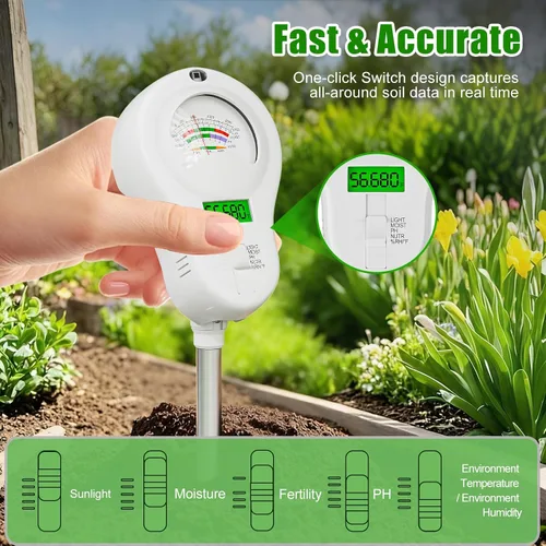 Vista 5 de SPECILITE Probador de suelo 6 en 1, medidor digital de humedad del suelo/medidor de PH/luz solar/temperatura/monitor de fertilidad con 2 sondas