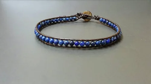 Vista 2 de Infinityee888 - Tobillera moderna con cuentas de lapislázuli de 10 pulgadas, tejida con cordón de cuero, hermoso estilo bohemio hippie hecho a mano