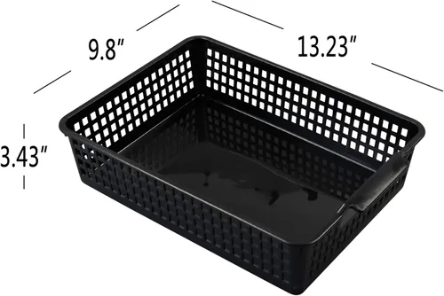 Vista 2 de Paquete de 6 cestas de almacenamiento planas de plástico (3 negras + 3 grises)