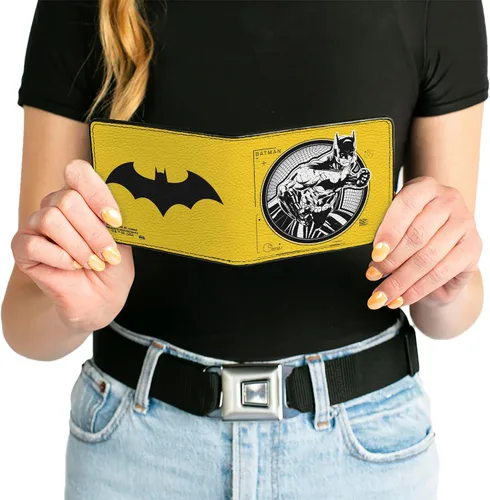 Vista 6 de Buckle-Down Billetera de DC Comics para hombre, plegable, con logotipo de Batman Tech Action Pose Bat amarillo, negro y blanco, cuero vegano, 4.0 x