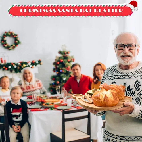 Vista 6 de AWIZOM Bandeja de madera para servir con sombrero de Navidad, plato de bambú con forma de sombrero de Papá Noel, tablero de madera para aperitivos