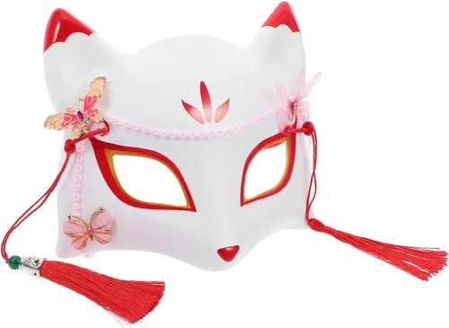 Vista 8 de SEWACC Máscaras tradicionales japonesas, máscara de zorro de anime japonés, zorro, cosplay, Kabuki, media cara para Halloween, fiesta de máscaras