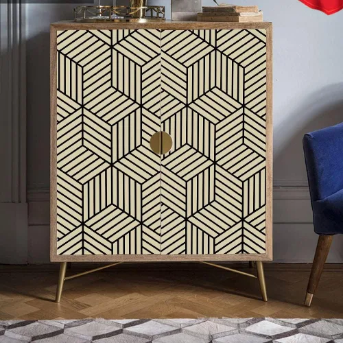 Vista 2 de Papel de contacto decorativo con diseño geométrico dorado y beige, papel de contacto decorativo extraíble para estantes y cajones, película