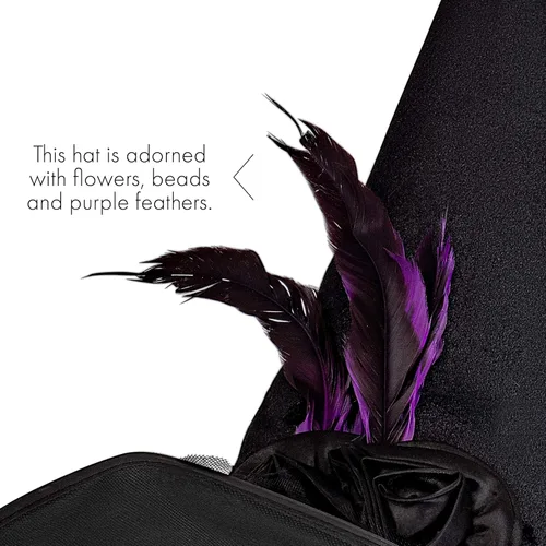 Vista 5 de Skeleteen Sombrero de bruja puntiagudo de lujo, accesorios glamorosos de brujas negras, sombrero de terciopelo elegante con flores, cuentas y plumas