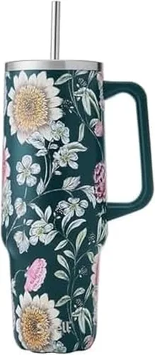 Vista 17 de S'well Vaso de acero inoxidable reciclado XL con popote y asa, 40 onzas, azurita, contenedor aislado al vacío de triple capa mantiene las bebidas
