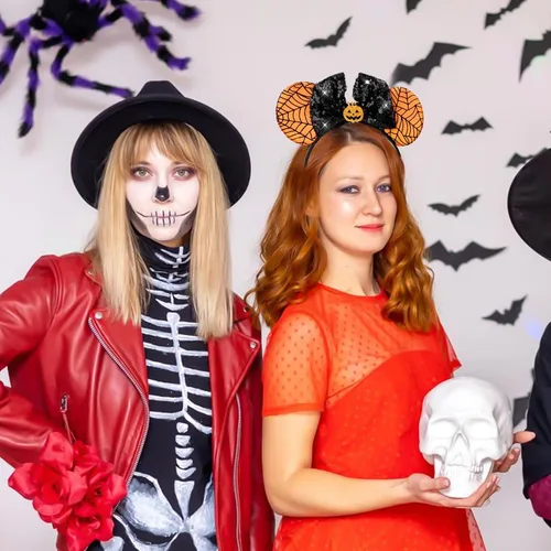 Vista 5 de TIESOME Diadema de orejas de ratón de calabaza de Halloween con lazo de lentejuelas, diadema espeluznante de calabaza, decoración de fiesta