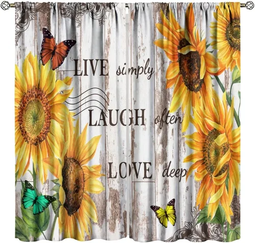 Vista 28 de Sunflower Curtains for Living Room Bedroom, Spring Nature Blue Sky and Butterfly Window Drapes, Rustic Wooden Fence Floral Botanical Decor, 2 Panels