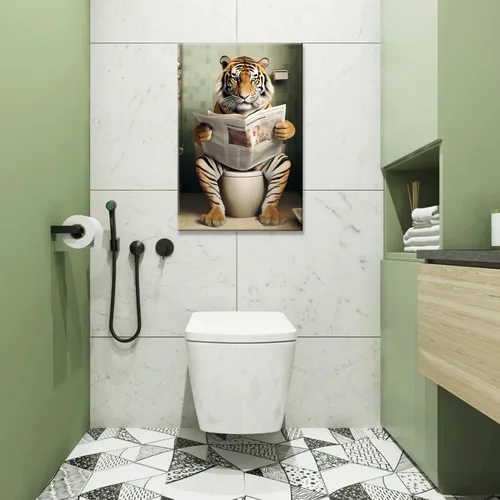 Vista 34 de GLOKAKA Lienzo decorativo para baño, diseño divertido de alpaca sentado en el inodoro, leyendo periódico, arte de pared, humor, granja, animal, arte