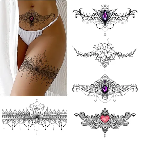 Vista 6 de Roarhowl Tatuajes de encaje, juego de tatuajes temporales sexy grande, tatuajes temporales para mujeres, vientre, espalda, cintura, muslo, arte