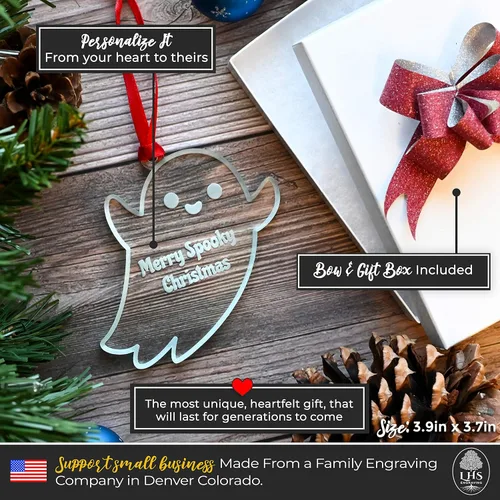 Vista 2 de LHS Caja de regalo personalizada para decoración de árbol de Navidad de Halloween, incluye fantasma espeluznante, adorno personalizado 2022
