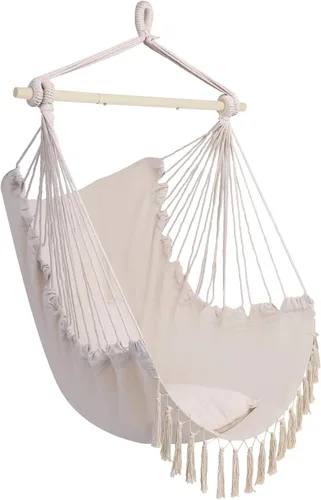 Vista 2 de Silla colgante hamaca – Asiento columpio de cuerda de algodón – máximo 250 libras – 2 cojines incluidos – para interior y exterior, dormitorio, Beige