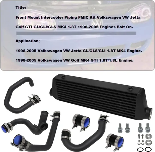 Vista 3 de Kit de intercooler de montaje delantero para motores VW Jetta Golf GTI GL/GLI/GLS MK4 1.8T 1.8L 98-05 Motores FMIC Bolt (plisado negro-negro)