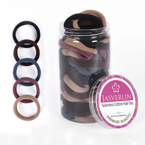 Vista 11 de JASVERLIN 100 ligas para el cabello de algodón sin costuras, bandas elásticas gruesas suaves y sin daños, soportes para cola de caballo para mujeres