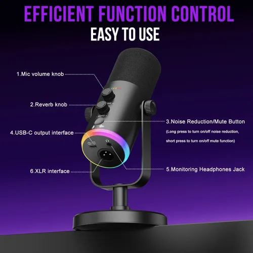 Vista 6 de Micrófono dinámico, USB-C/XLR para grabación de podcasts, grabación de podcasts, juegos y juegos con luz RGB, botón de silencio, soporte