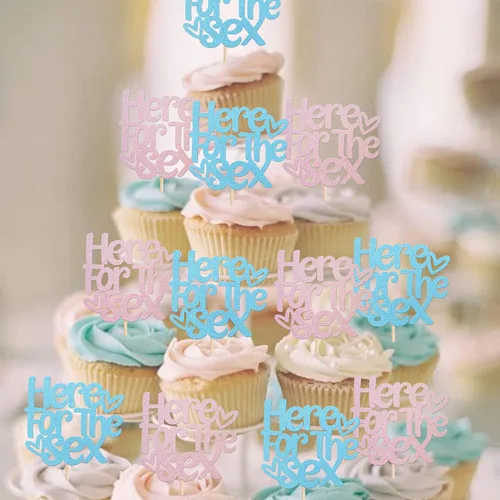 Vista 4 de Rsstarxi Paquete de 24 adornos para cupcakes sexuales, color rosa o azul, para revelación de género, para niños o niñas, temática de revelación