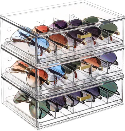 Vista 9 de LALOBLUE Clear Acrylic Sunglasses Organizer, Stackable Eyeglass Storage Case with Gold Handles, Glasses Display Holder