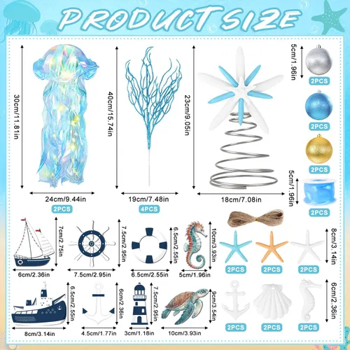 Vista 2 de MOVINPE Juego de adornos costeros para árbol de Navidad, decoración colgante de vacaciones con decoración para colgar en el árbol, faroles