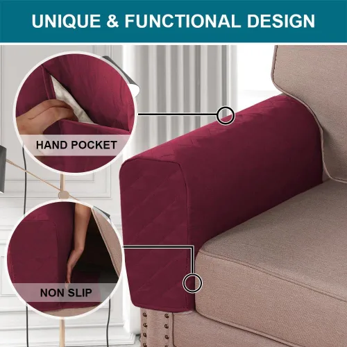 Vista 5 de Fundas impermeables para reposabrazos para sillas reclinables y sofás, fundas antideslizantes con bolsillo lateral, protector de brazo para Borgoña