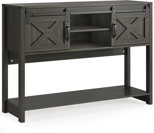 Vista 9 de Mesa consola de granja con estante de almacenamiento y puerta corrediza de granero, mesa de entrada de madera con almacenamiento, mesa de sofá larga